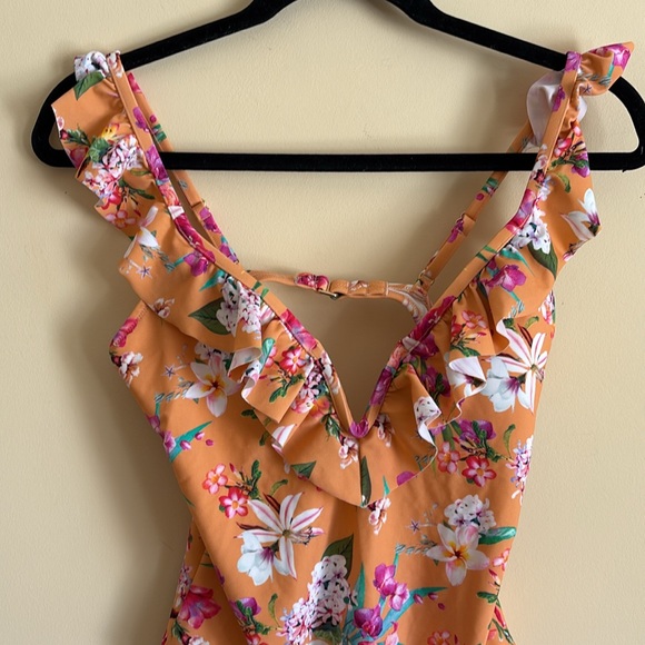 Express Swim Floral One Piece Open Back Swimsuit in Orange Size Medium - Picture 3 of 5
